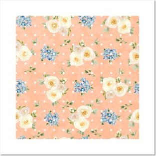 White Roses Blue Forget Me Nots Polka Dots on Peach Fuzz Abstract Floral Posters and Art